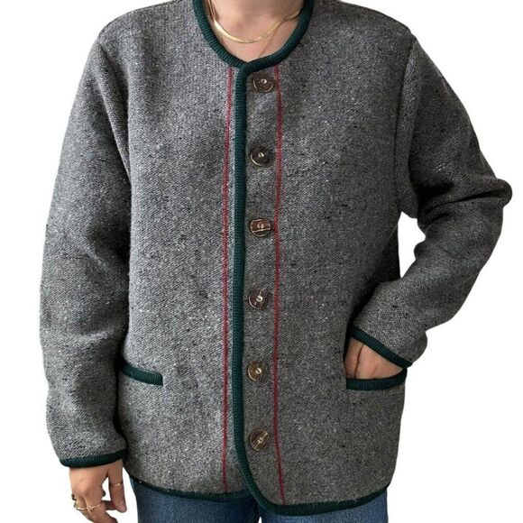 Vintage Geiger Womens Gray 100% Wool Christmas Theme Cardigan Jacket Sz 54 - Picture 5 of 9